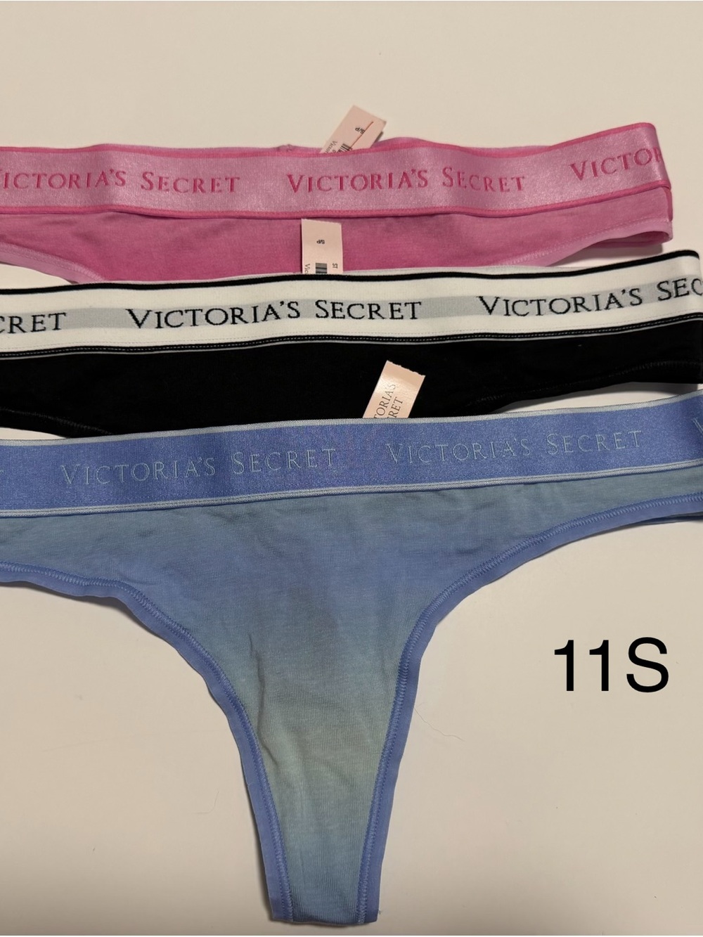 Victoria's Secret Cotton Stretch Thong Trio - Pink, Black, Light Blue
